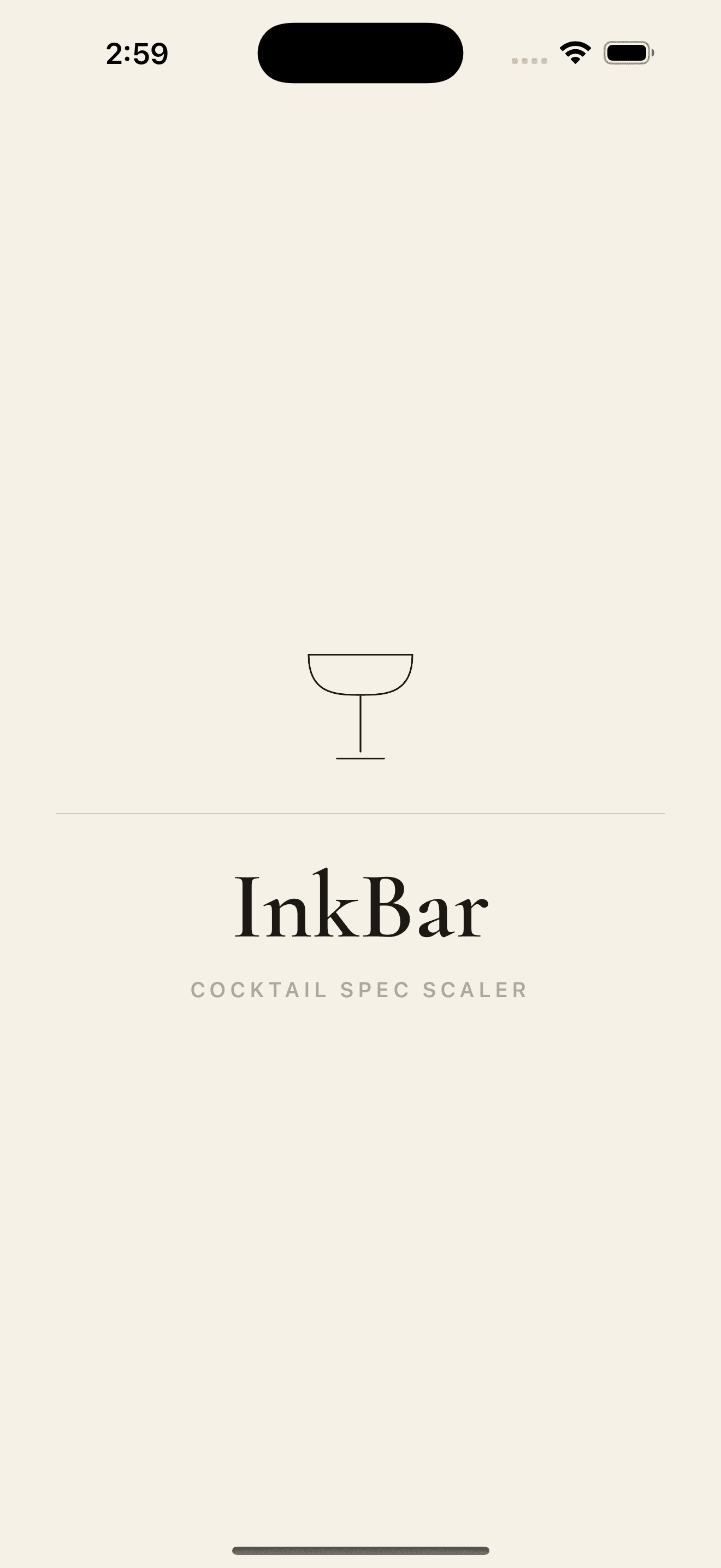 InkBar launch screen with the app wordmark and cocktail glass icon.