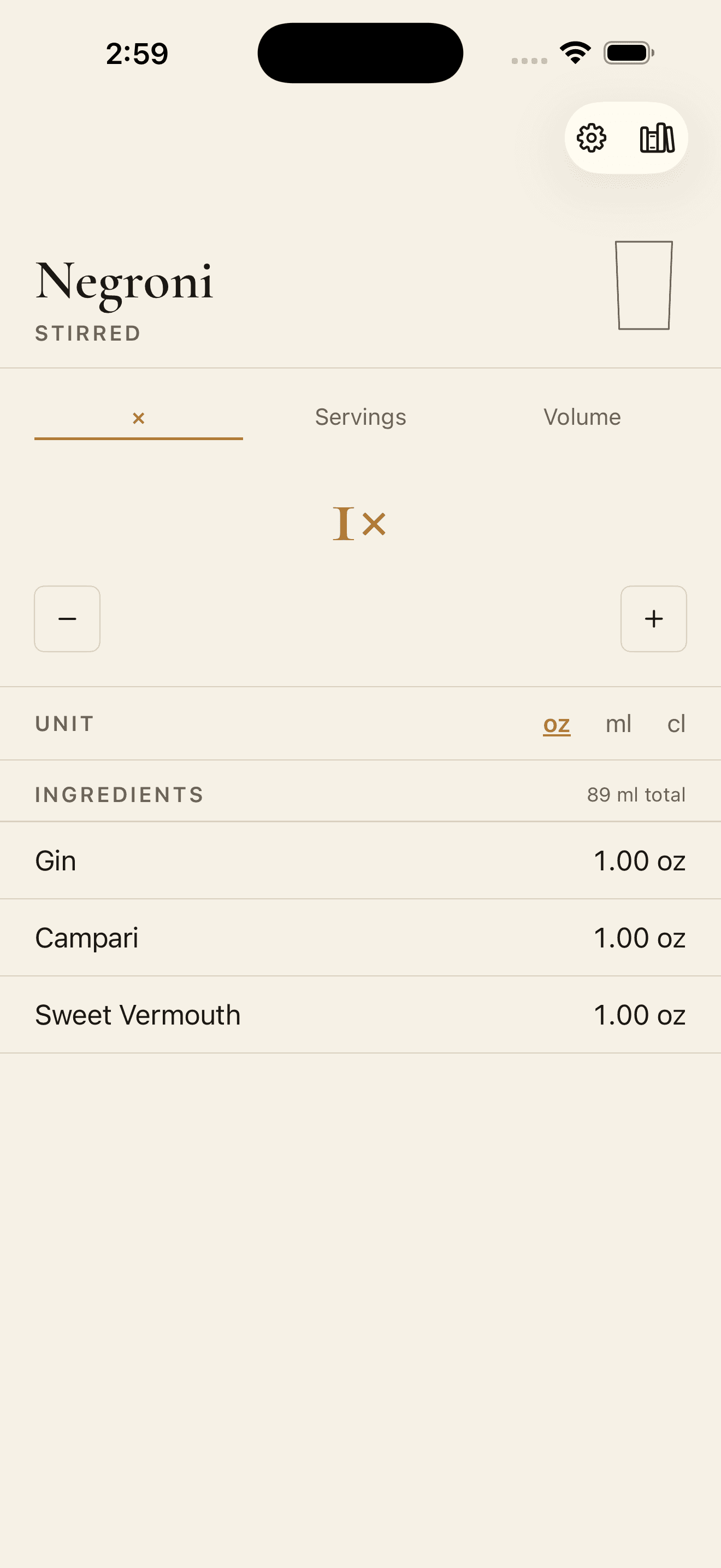 InkBar on iPhone showing a Negroni cocktail scaling screen.
