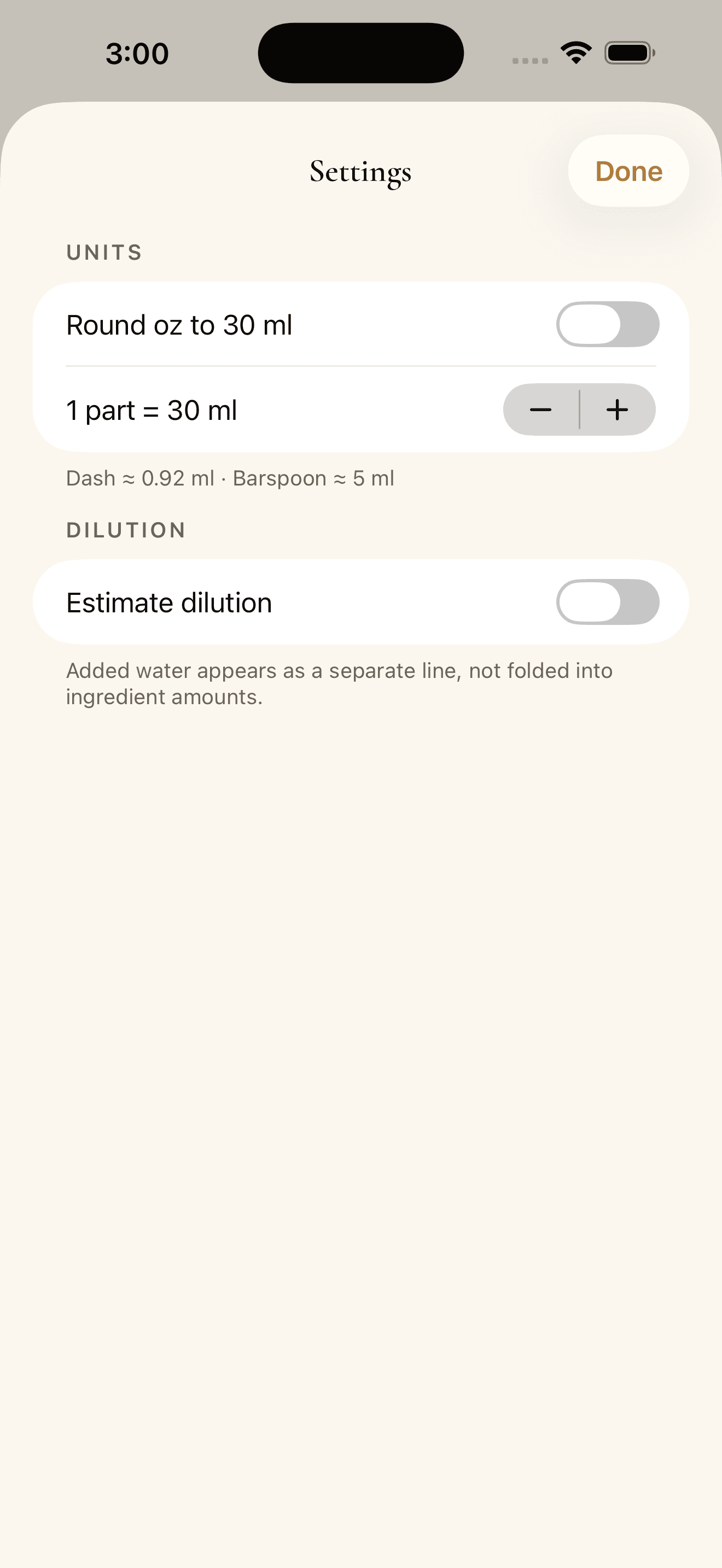 InkBar settings screen showing unit and dilution preferences.